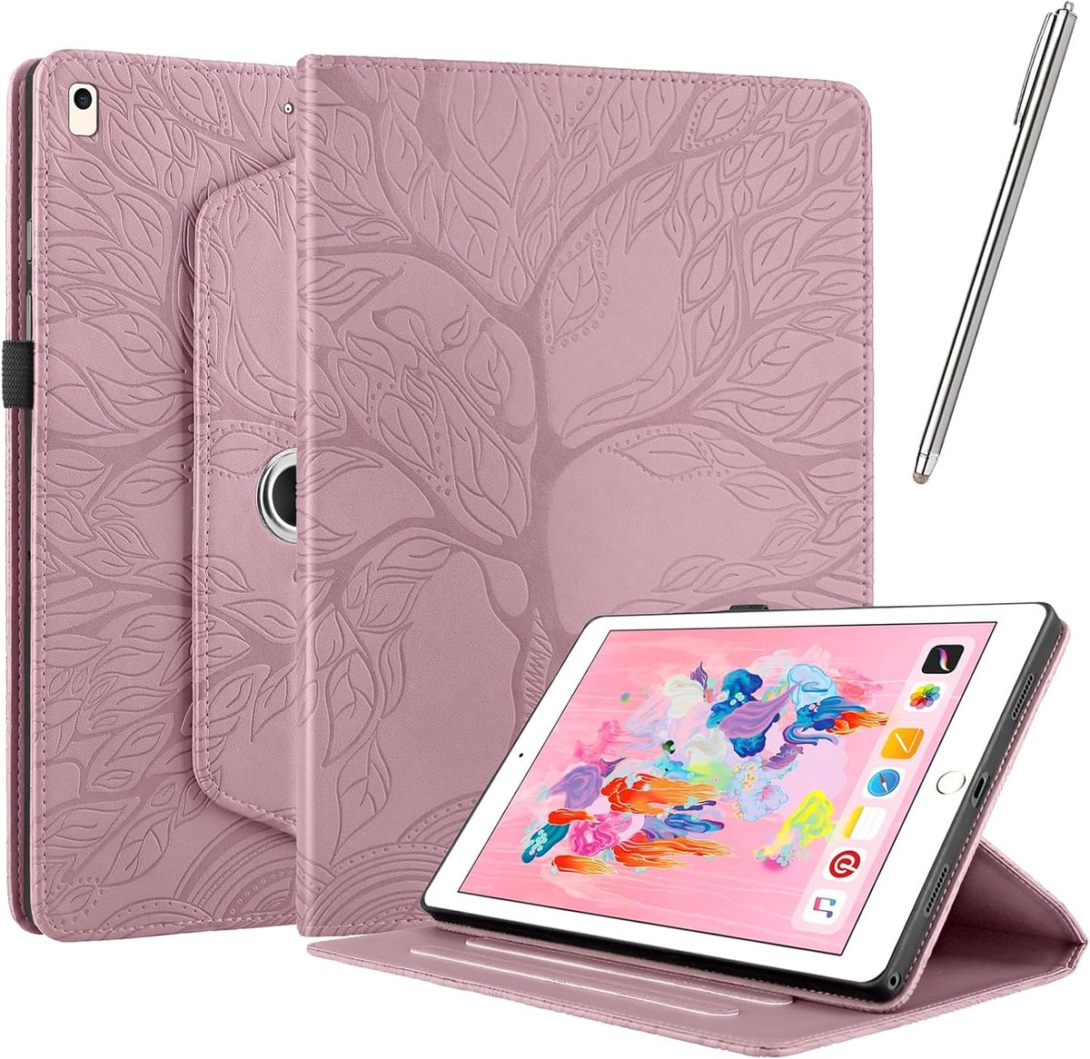 Roterende Hoes voor Ipad 9/8/7 (10.2-inch, 2021/2020/ 2019 Model, 9th/ 8th/ 7th Generation) met stylus pen, 360 graden rotatie Flip Cover PU lederen beschermhoes [slaap/wekfunctie] - Rosé Goud