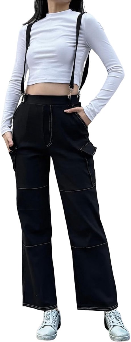 Petite Vrouwen Bootcut Cropped Broek Bretels Brede Pijpen Cargo Broek 4 Zakken Stretch Elastische Taille Bottoms Losse Casual Tiener Meisjes Y2K Streetwear