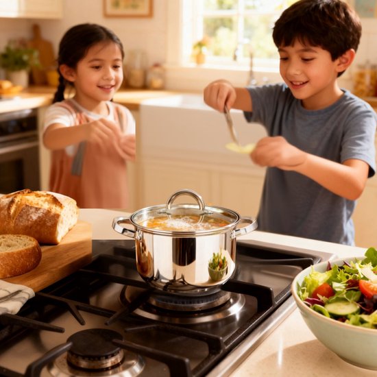 Een jongen en een meisje koken samen in een keuken. Een pan met glazen deksel staat op het fornuis.