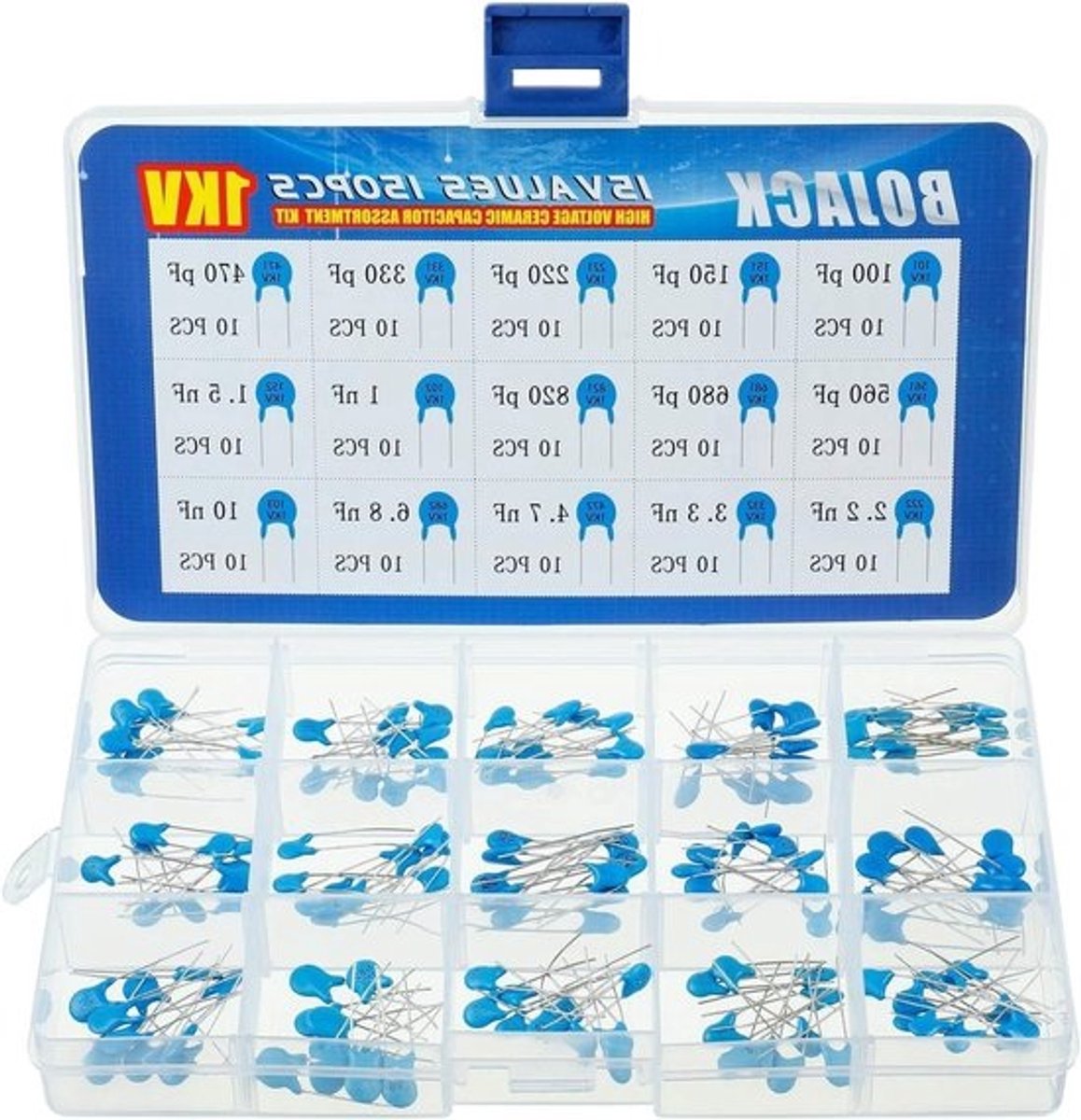 15 Waarden 150 Stuks 1KV / 100pF tot 10nF Hoogspannings DIP Keramische Condensator Assortiment Kit - voor Elektronica, Hobby en Reparatie