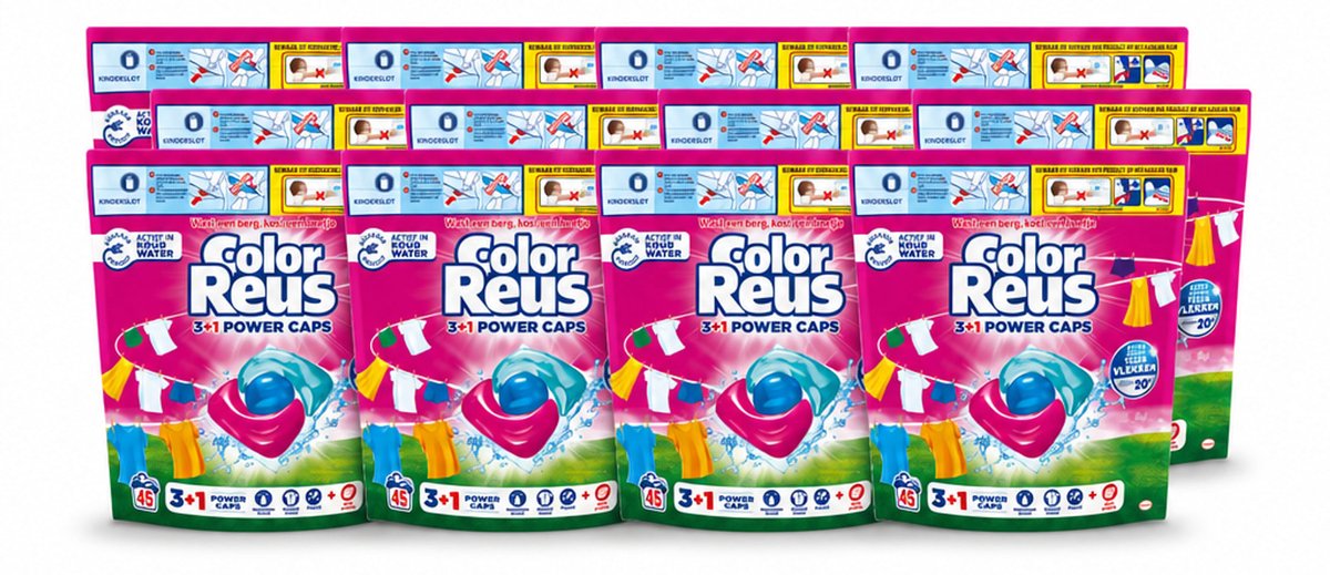 12 x Color Reus - 3+1 Power Caps - Gekleurde Was - 45 Wasbeurten - Voordeelverpakking - 12 stuks