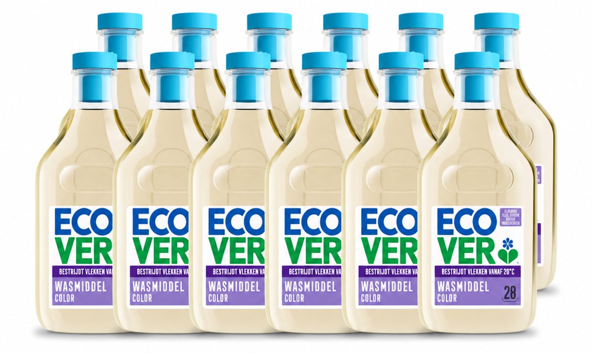 12 x Ecover - Vloeibaar wasmiddel - Color - Appelbloesem & Freesia - 1 liter - 28 wasbeurten - Voordeelverpakking - 12 stuks