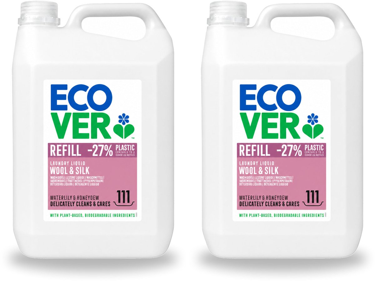 2 x Ecover - Vloeibaar wasmiddel - Wol & Fijnwas - Waterlelie & Honingmeloen - 5 liter - 111 wasbeurten - Voordeelverpakking - 2 stuks