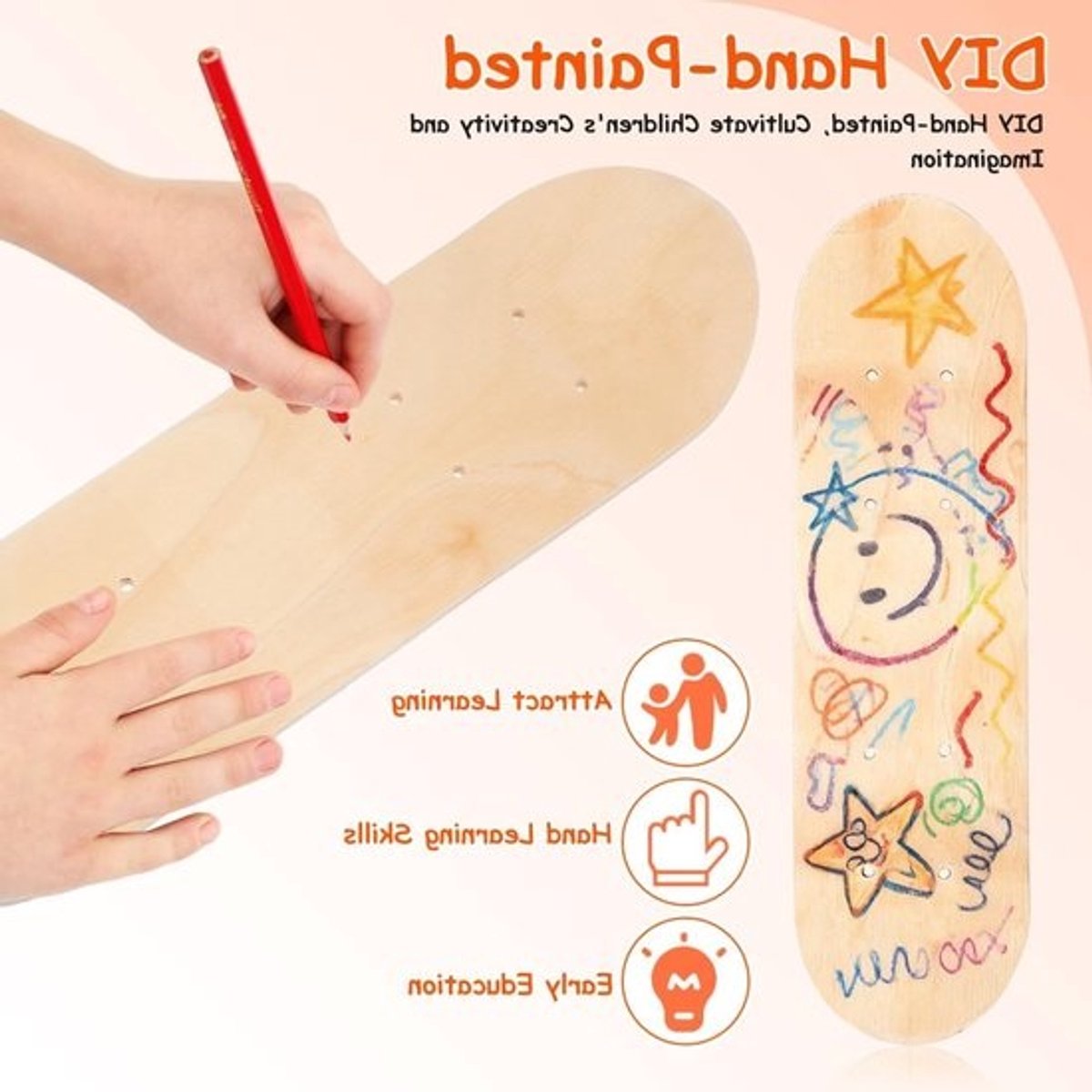 Onbewerkt skateboarddeck voor kinderen - 43 cm esdoornhout - Voor DIY-schilderen - Met voorgeboorde gaten voor eenvoudige wielinstallatie en een graffiti-oppervlak