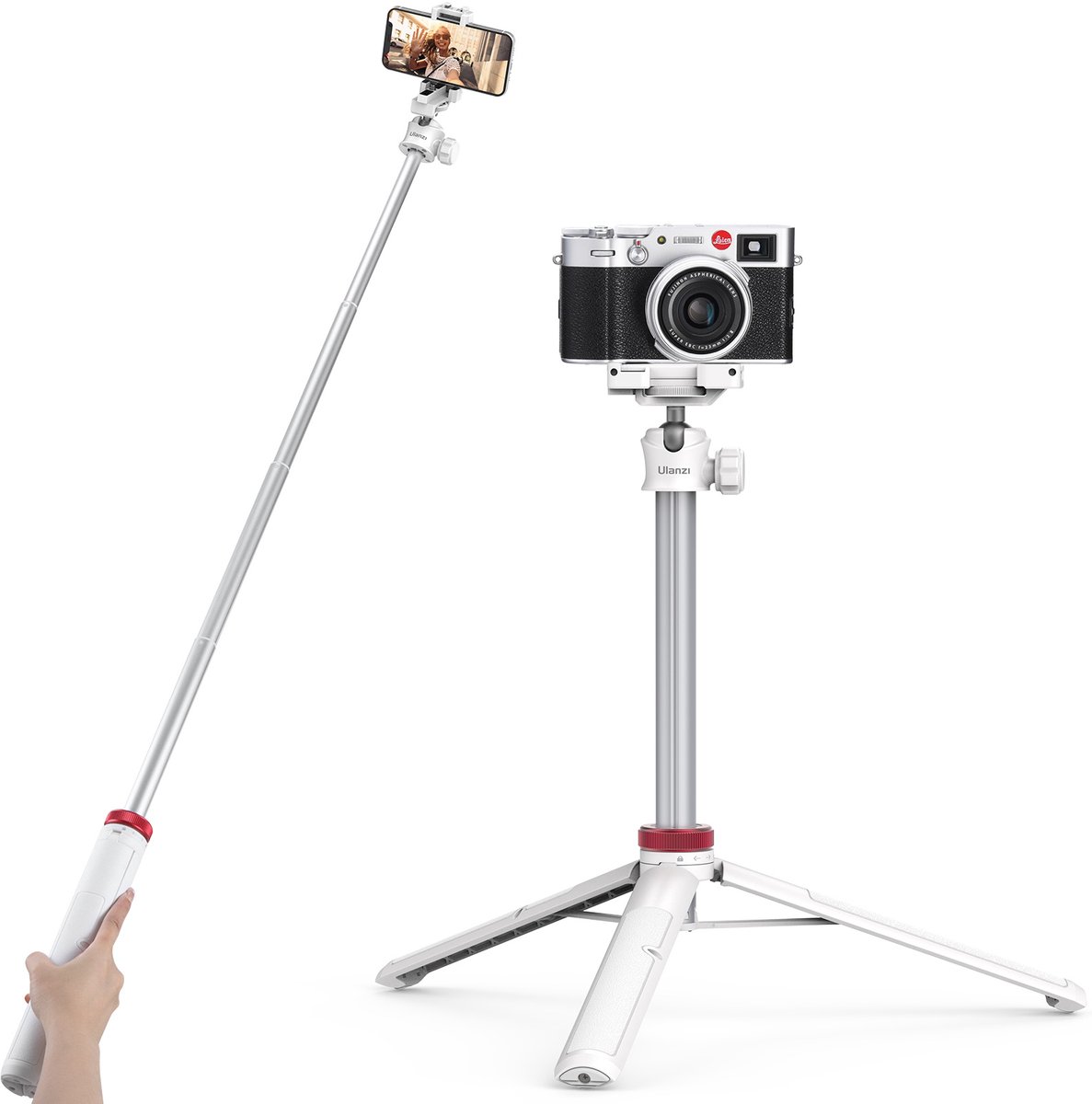 Ulanzi MT-44 selfiestick statief - 146cm uitschuifbaar - 360° draaibaar en kantelbare statiefkop - Voor smartphone en camera - Wit