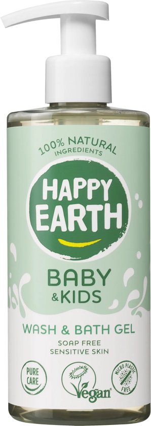 Happy Earth baby & kids was & badgel, 300ml. Transparante fles met witte pomp. Groen label met 'Happy Earth' logo en tekst '100% Natural Ingredients' en 'Baby & Kids'.