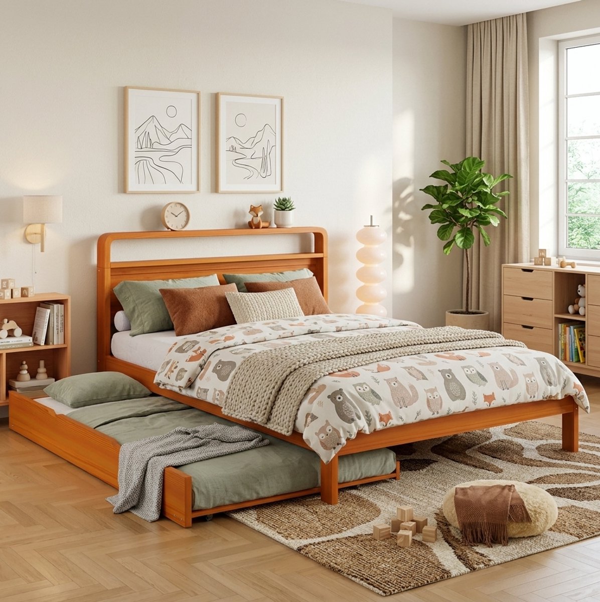 MODENUIT Houten Bed – Uitschuifbed – 140x200 cm – Hout – Naturel – Logeerbed – Rond Hoofdbord – Ruimtebesparend