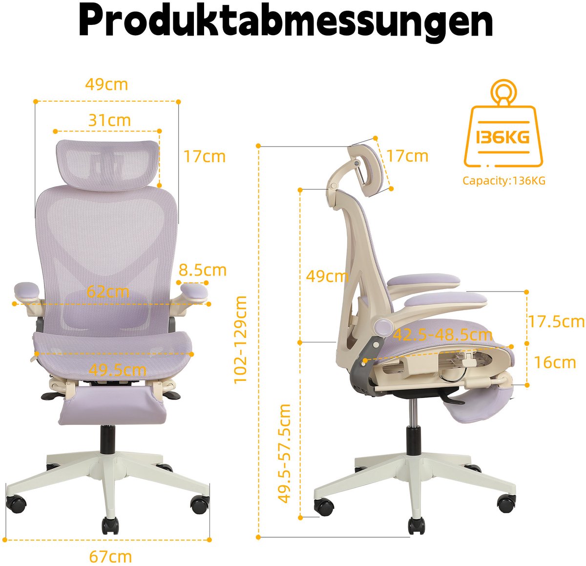 MODENUIT Bureaustoel - Met Lendensteun En 3D Hoofdsteun En Kantelfunctie - Werkplek - Mesh - Paars
