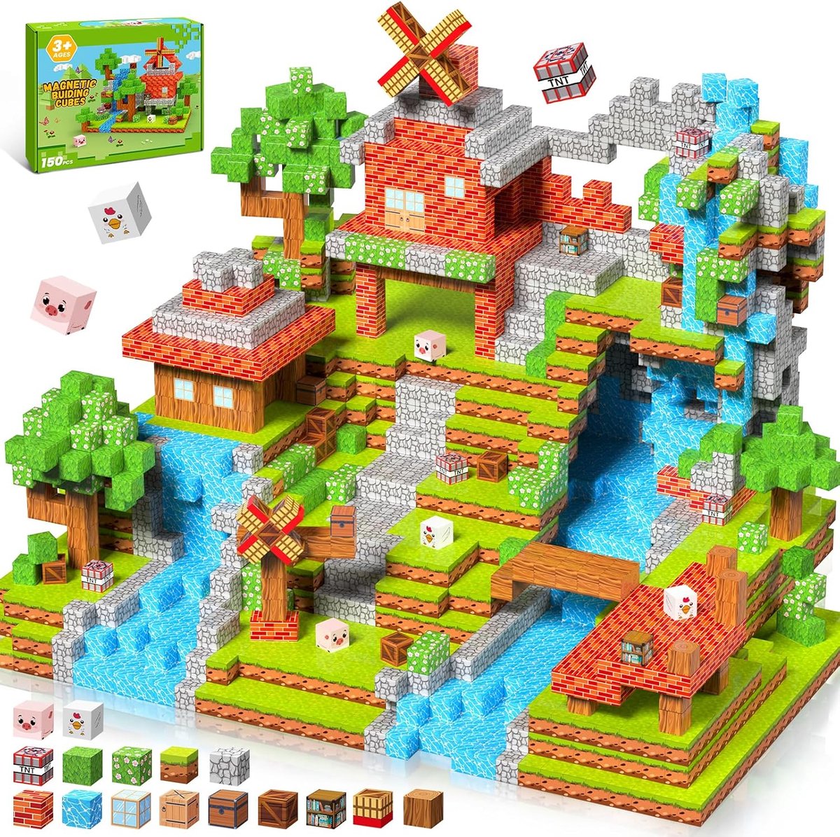 Magnetische constructie voor kinderen, 150 stuks, magnetische bouwstenen met boerderijdierenfiguren en windmolen, magnetische kubus, cadeau voor kinderen van 3, 4, 5, 6, 7, 8, 9 jaar