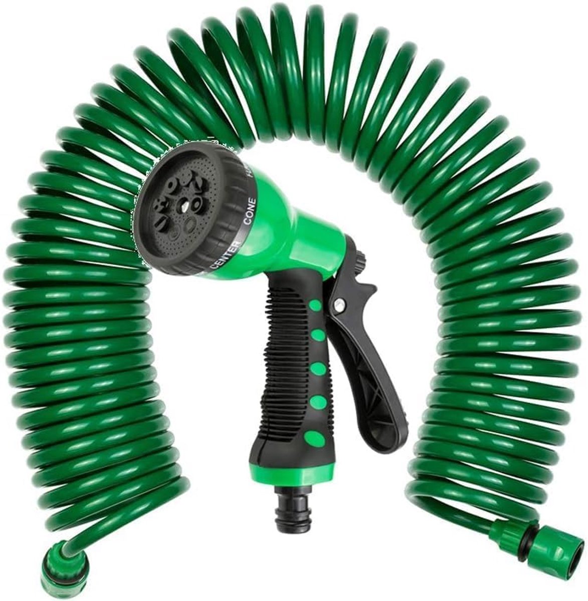 Spiraal-tuinslang 30 meter, met 8-voudige zachte multifunctionele sproeier, hoogwaardige connector, automatische wikkeling, groene spiraal tuinslang spiraalvormig