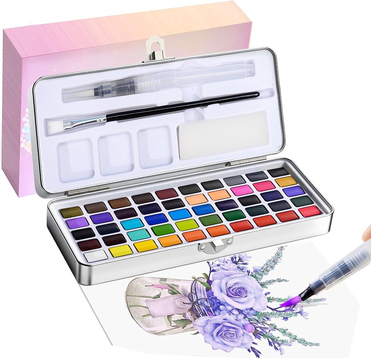 Verfset, 50 levendige kleuren in draagbare doos, inclusief metallic en fluorescerende kleuren, perfecte waterverfset voor kunstenaars, hobbyschilders en schilderliefhebbers (50 kleuren)