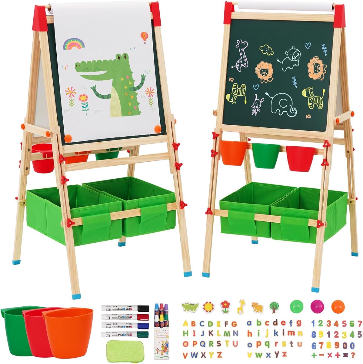Kinderbord met papierrol, magnetisch krijtbord en whiteboard, in hoogte verstelbare ezel voor kinderen, met grote opbergtas, krijt, penselen, cijferletters (groen)