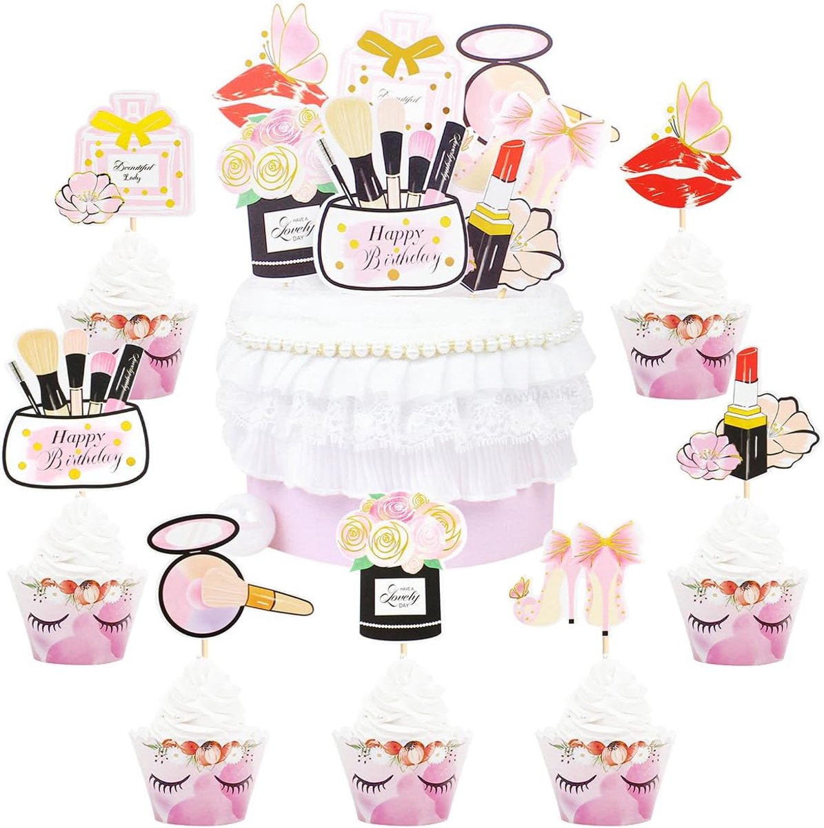 14 stuks cosmetica-taartdecoratie, godinnen verjaardag, cupcake-toppers, make-up-thema, lippenstiftdecoratie, wimperdecoratie voor verjaardagsfeesten, taartdecoratie, feestdecoratie