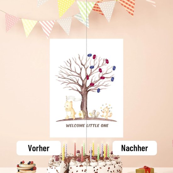 Reveal party vingerafdrukboom, geslacht zichtbare vingerafdrukbladen, babyshower, dierenthema, babyshower, vingerafdrukgastenboek, aandenkendecoratie, met 15 g confetti — afbeelding 3