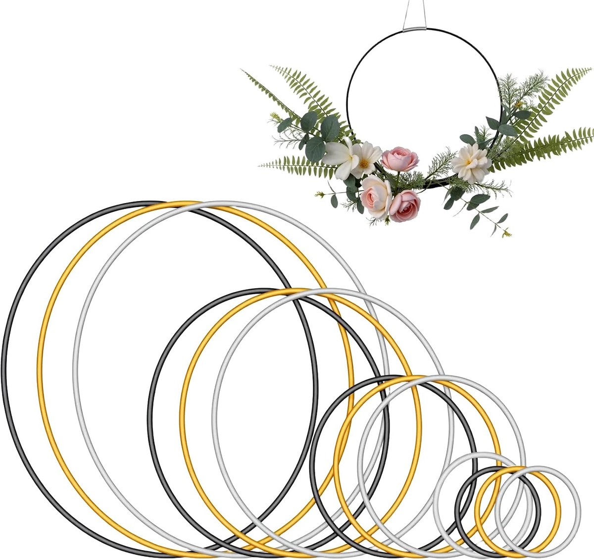 13 stuks decoratieve ringenset, metalen ringen, decoratieve slinger-gevlochten ring 5/6/10/15/20 cm voor bruiloft, Kerstmis, feest, festival (zwart, zilver, goud)