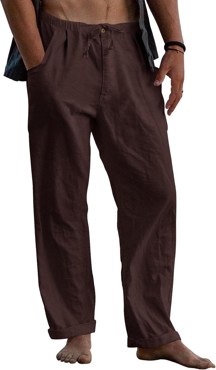 Linnen broek heren baggy lichte zomerbroek lang mannen effen vrijetijdsbroek strand yoga broek met trekkoord