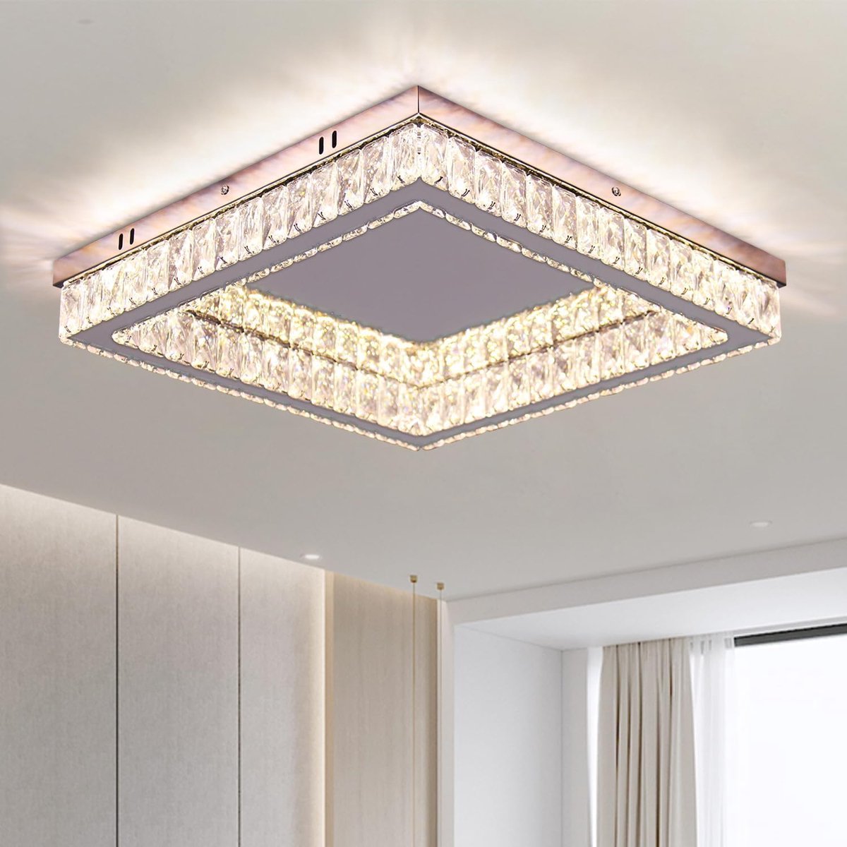 Led-plafondlamp, kristal, 45 cm, vierkant, modern, roestvrij staal, K9-kristallen, 2 x 28 W, intensiteit en kleur instelbaar, afstandsbediening inbegrepen, woonkamer, eetkamer, slaapkamer