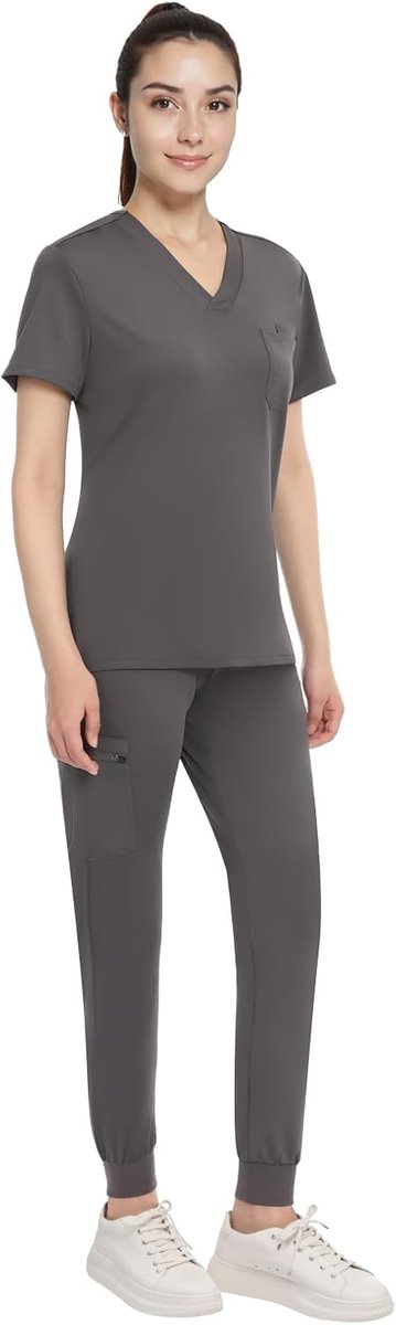 Scrubs voor Vrouwen Set, Medische Uniform Stretch V-hals Kraag Scrub Top & Jogger Broek met Tailleband, Multi Pocket
