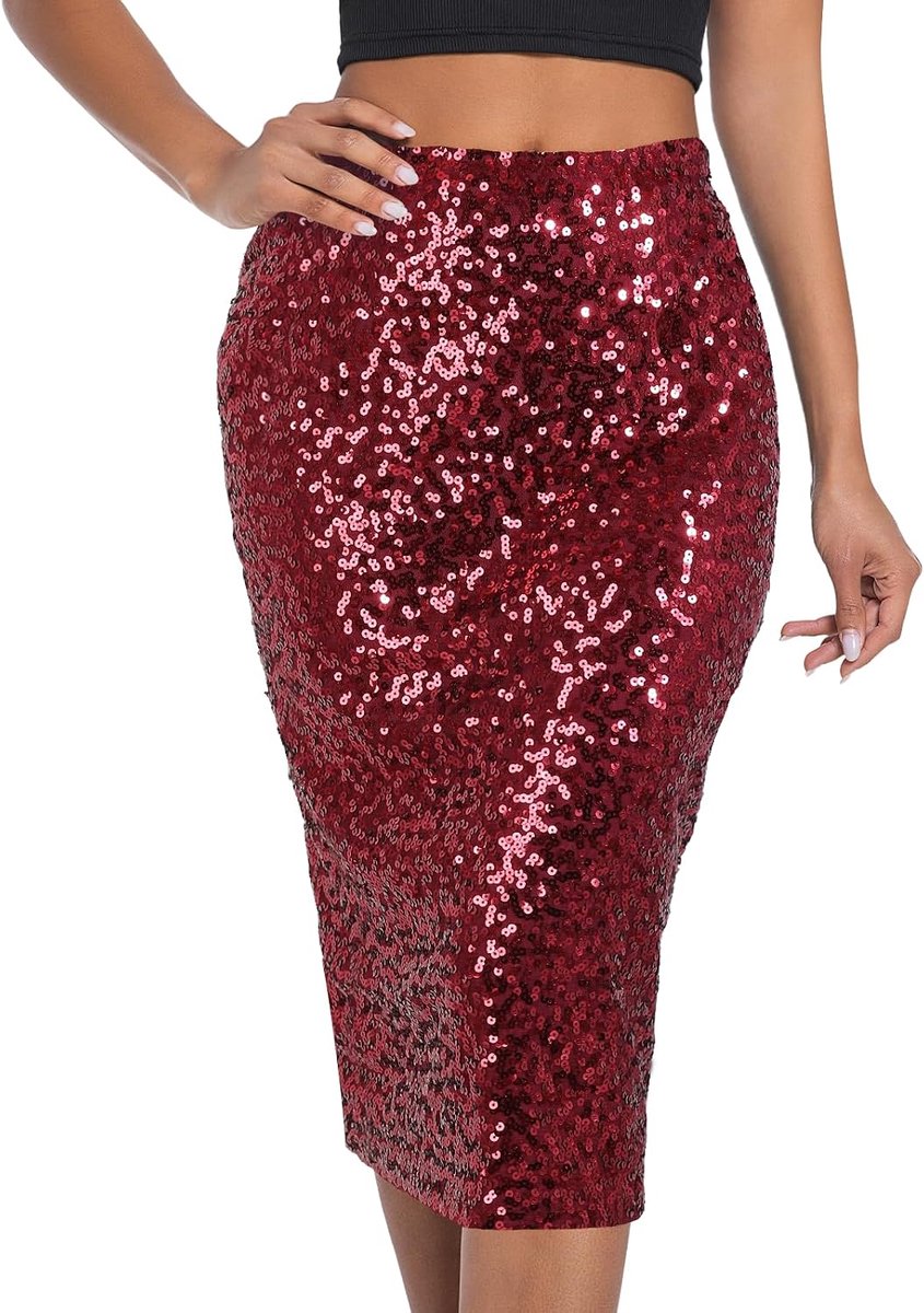 Glitterrok met voering, elastische taille, pailletten, rok, midi-kokerrok voor banketten en feestjes
