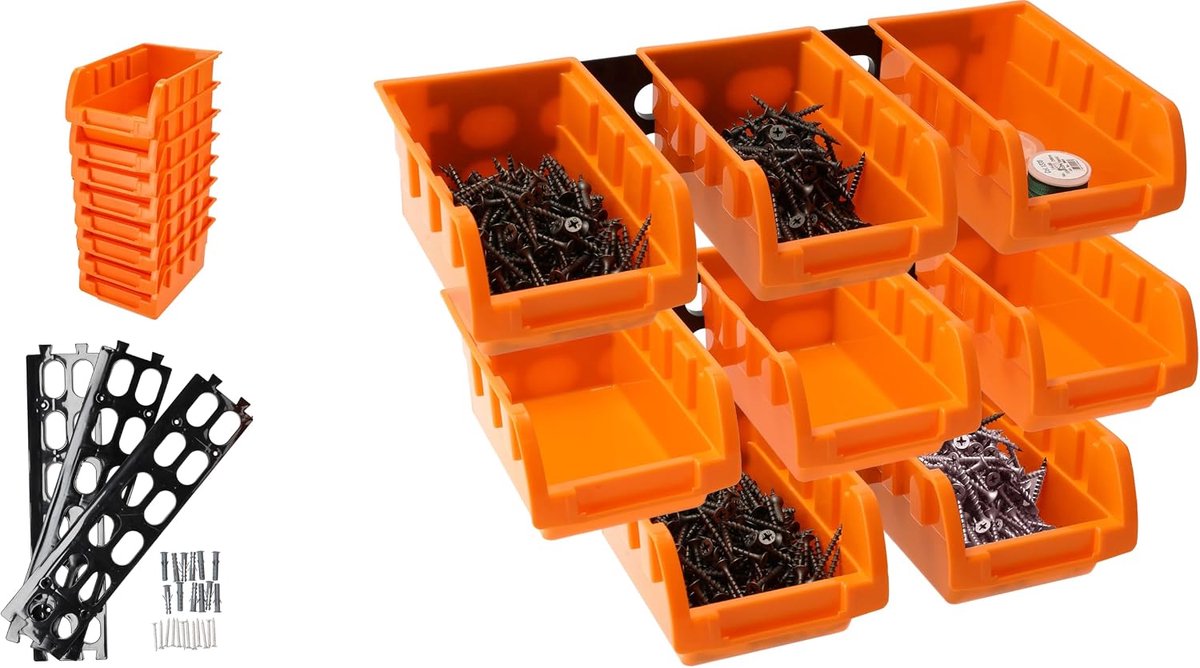 Opbergsysteem, 8 stuks Stapelbakken met Deksel voor Wandrek, 1 liter elk, Perfect voor Schuur, Kantoor & Keukenkast, Incl. Bevestigingsmateriaal