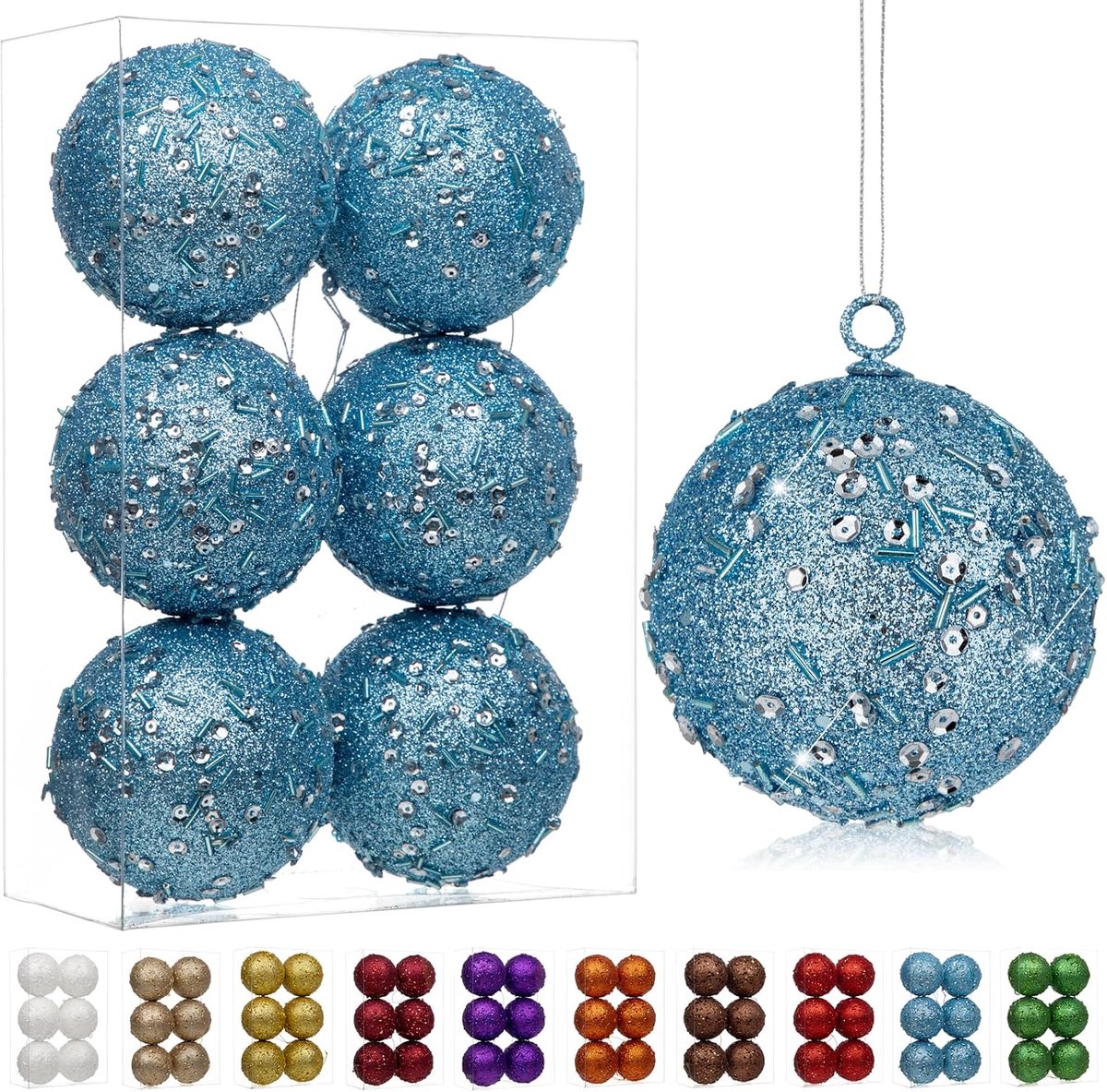 6-delige set 8 cm decoratieve kerstboomballen, kerstbal-ornament met holografische glitter kerstboomversiering tedere decoraties voor kerstboom, kerstbruiloft, helderblauw