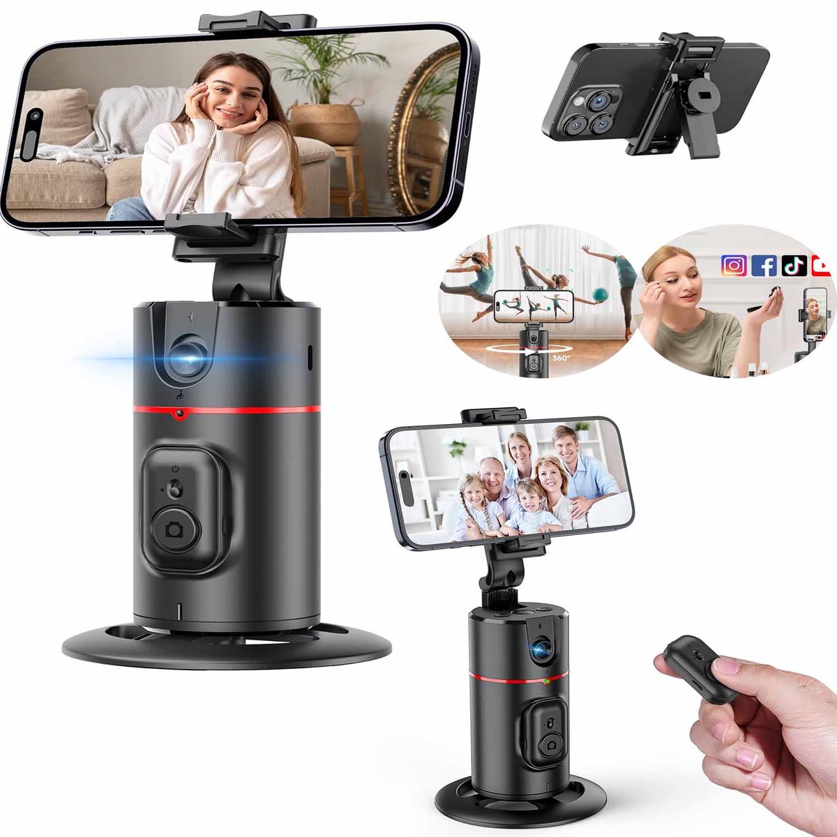 Statief Met Automatische Gezichtsherkenning, 360° Draaibare Telefoonhouder Voor Slimme Foto's, Geen App Vereist, Met Afstandsbediening En Gebarenbediening.