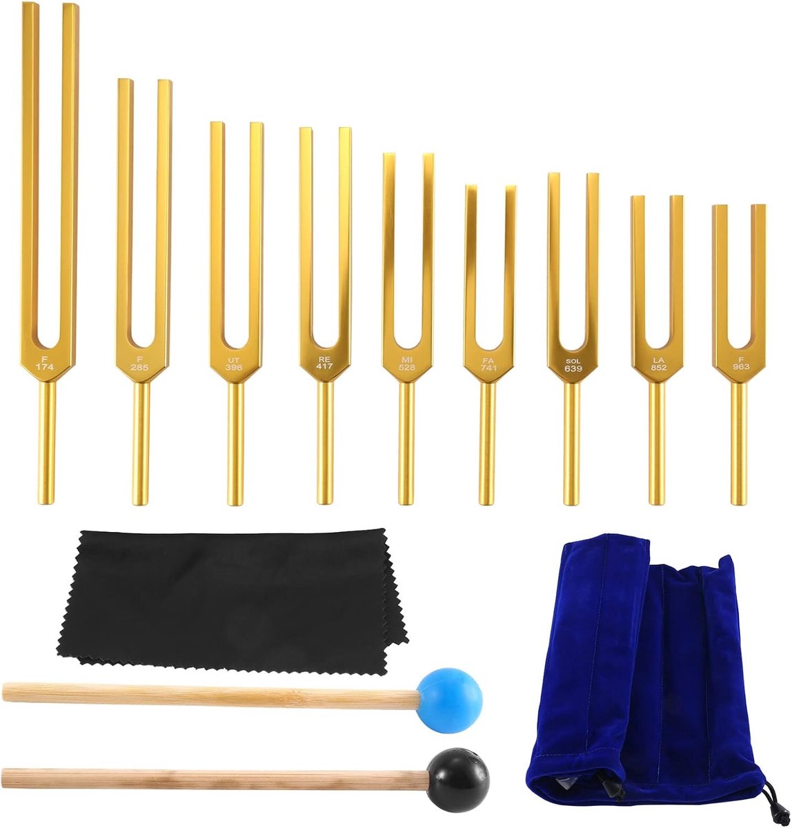 9 Stks Ifferent Ifferent Frequentie Stemvorken Set met 2 Peeshamer, Zak, Reinigingsdoek, Aluminiumlegering Geluid Genezende Instrumenten, Tuning Vork Medisch