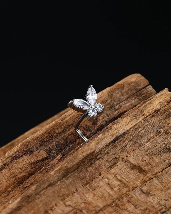 G23 Titanium neusschroef vlinder Nostril Studs CZ neusring L-vormige neus piercing sieraden 20G neus piercings voor vrouwen mannen — afbeelding 3