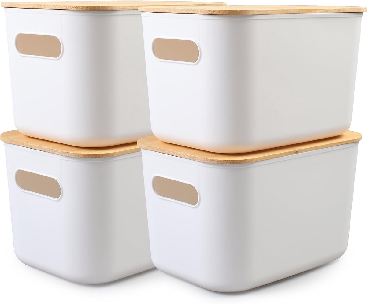 4 stuks kunststof opbergdozen met deksel, kunststof box, organizer, box, stapelbare opbergdozen met handgrepen, veelzijdige witte opbergdoos voor badkamer, keuken, kantoor, woonkamer