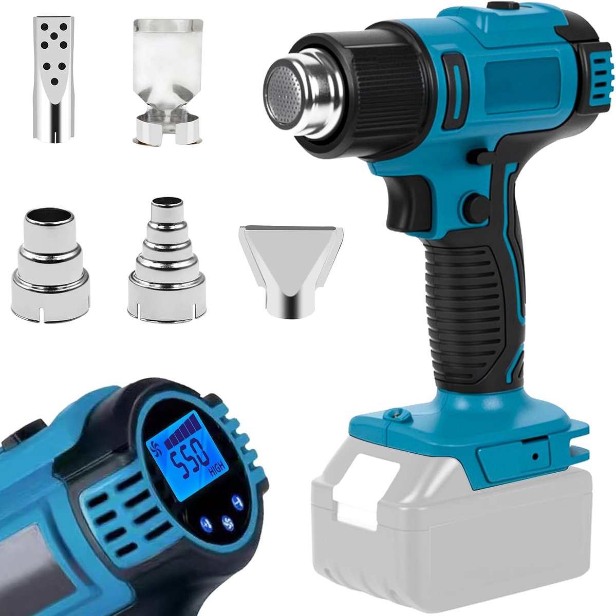 Compatibel met Makita 18 V, draadloze heteluchtblazer met lcd-display, elektrische heteluchtföhn met 5 mondstukken en instelbare temperatuur 50 °C - 550 °C, voor knutselen, krimpen