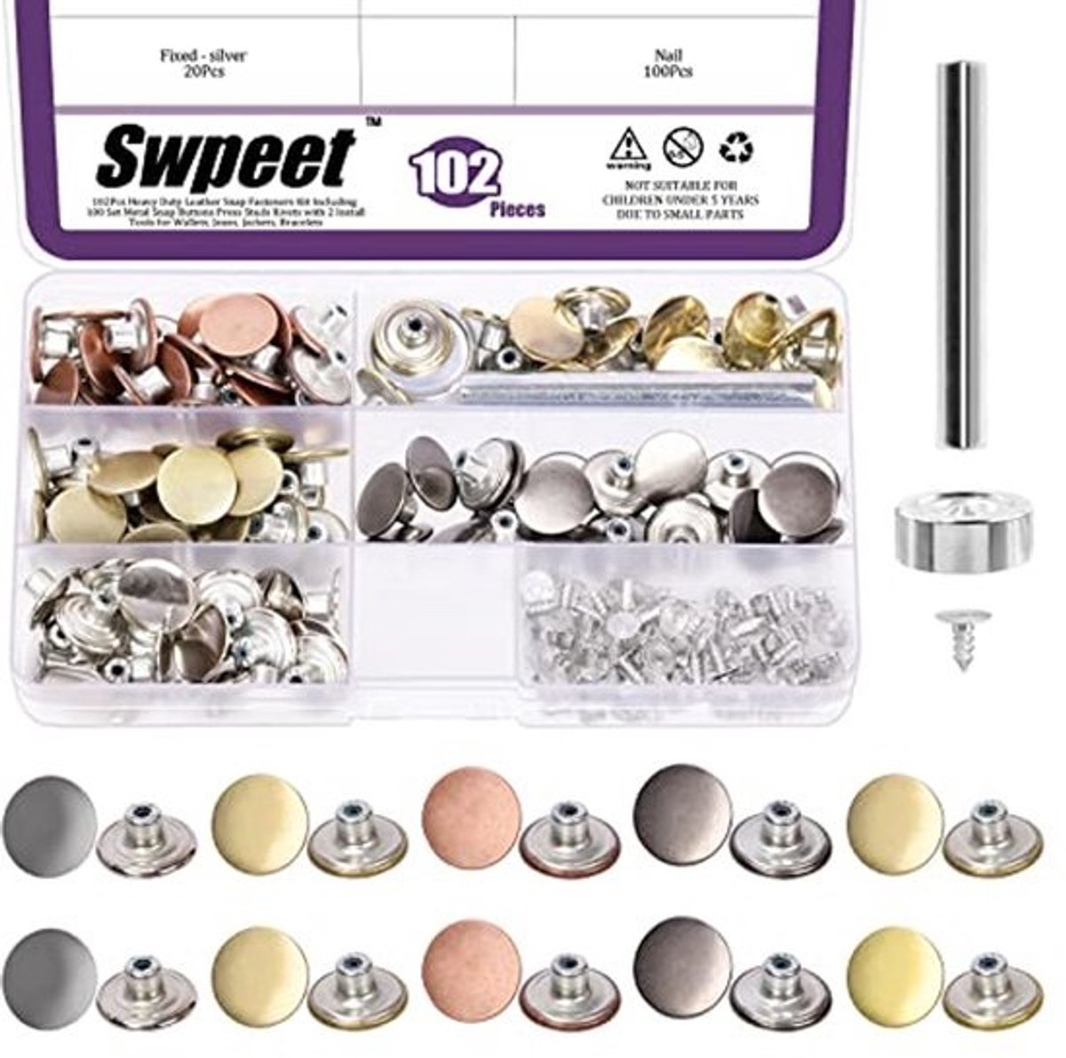 102 Stuks Jeans Knopen en Klinknagels Set - 5 Kleuren - 17mm No-Sew Nailess Combo Klinknagels Met Installatie Tool