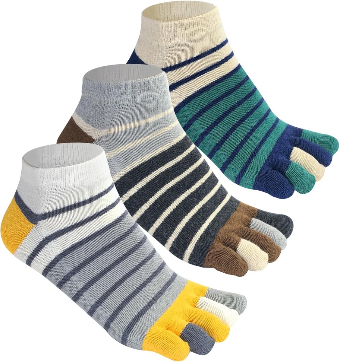 Sokken voor heren, 3 paar premium katoenen wandelsokken, enkelsokken, ademende sportsokken, comfortabele sokken met vijf vingers, Blauw, koffie en geel, 39-41 EU