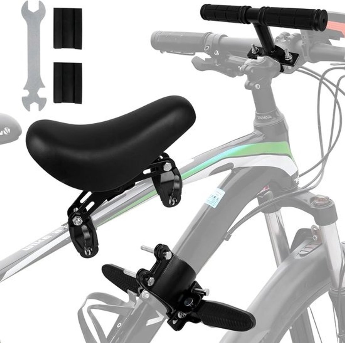 Kinderfietsstoeltje vooraan - Universeel zwart aluminium kinderzitje met armsteun en installatieaccessoires