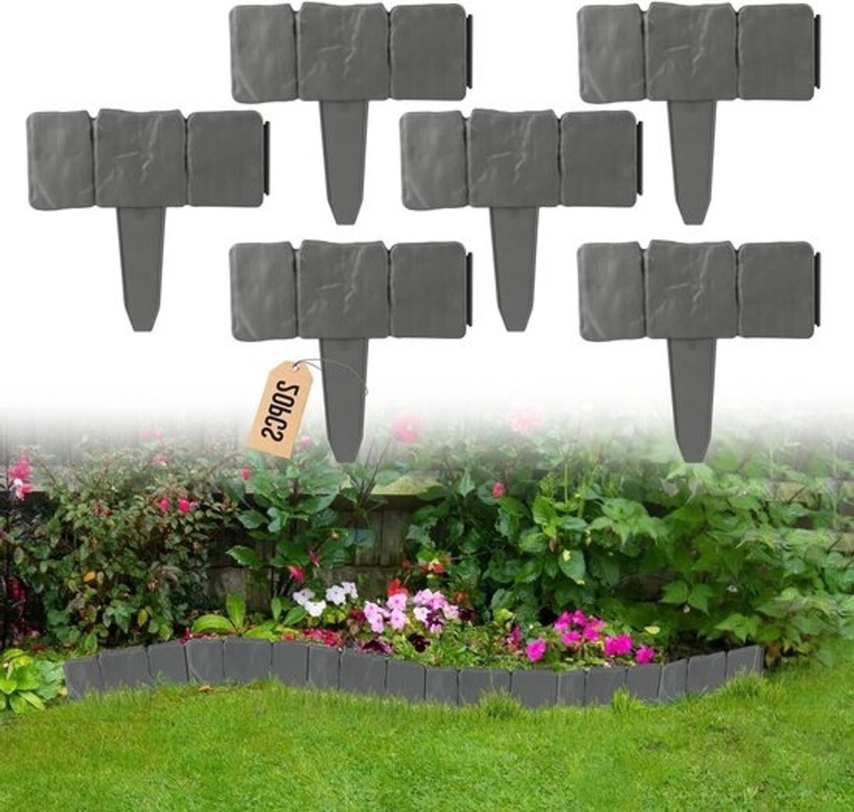 Set van 20 grijze tuinrandstenen - 5 m - Palisade met hekeffect - Voor tuin, gazon en bloembedden