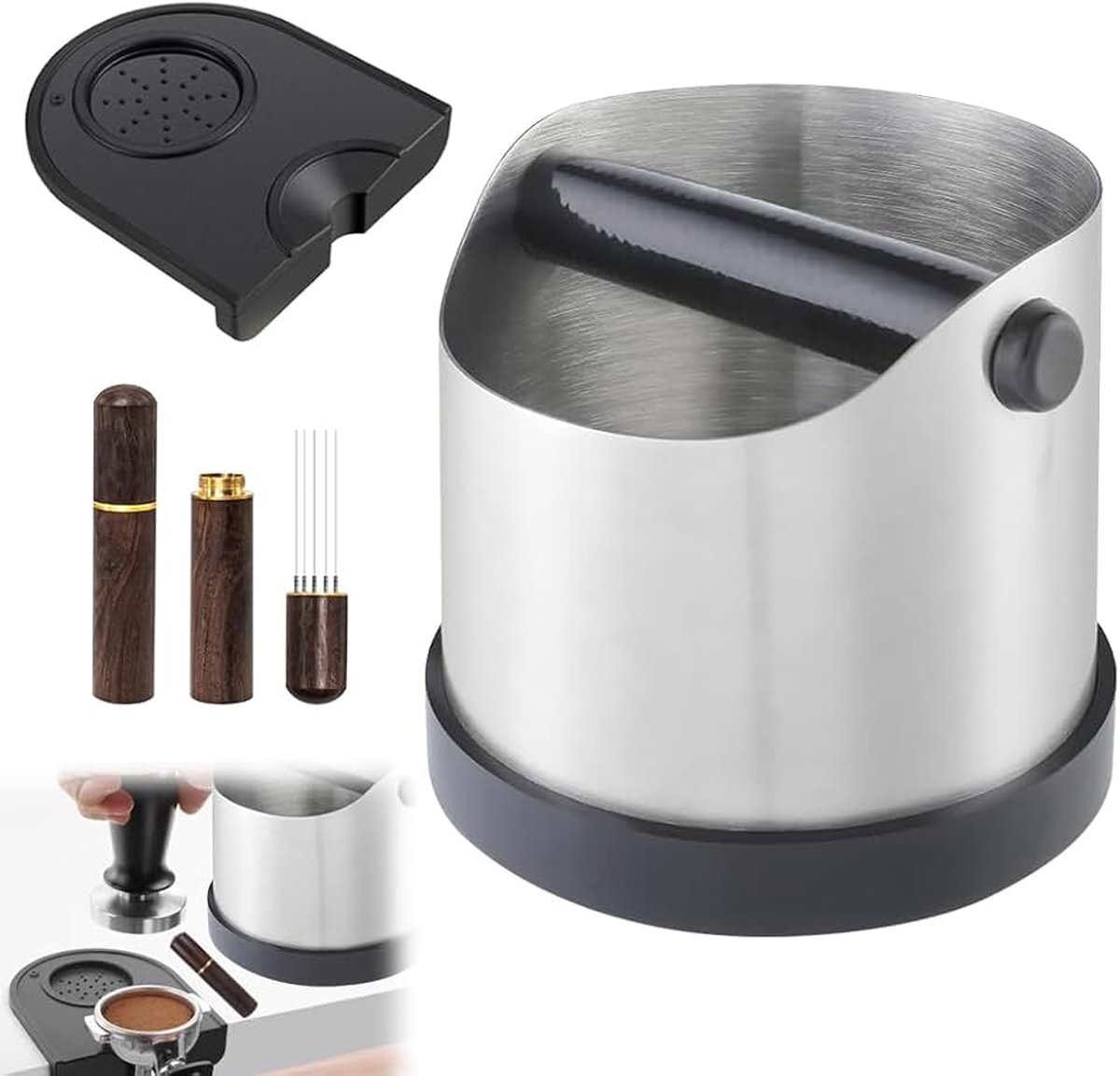Uitklopbak, 700 ml roestvrijstalen opvangbak voor koffiedik, koffie-uitklopbak met aandrukmat en espresso-uitloop (zilver)