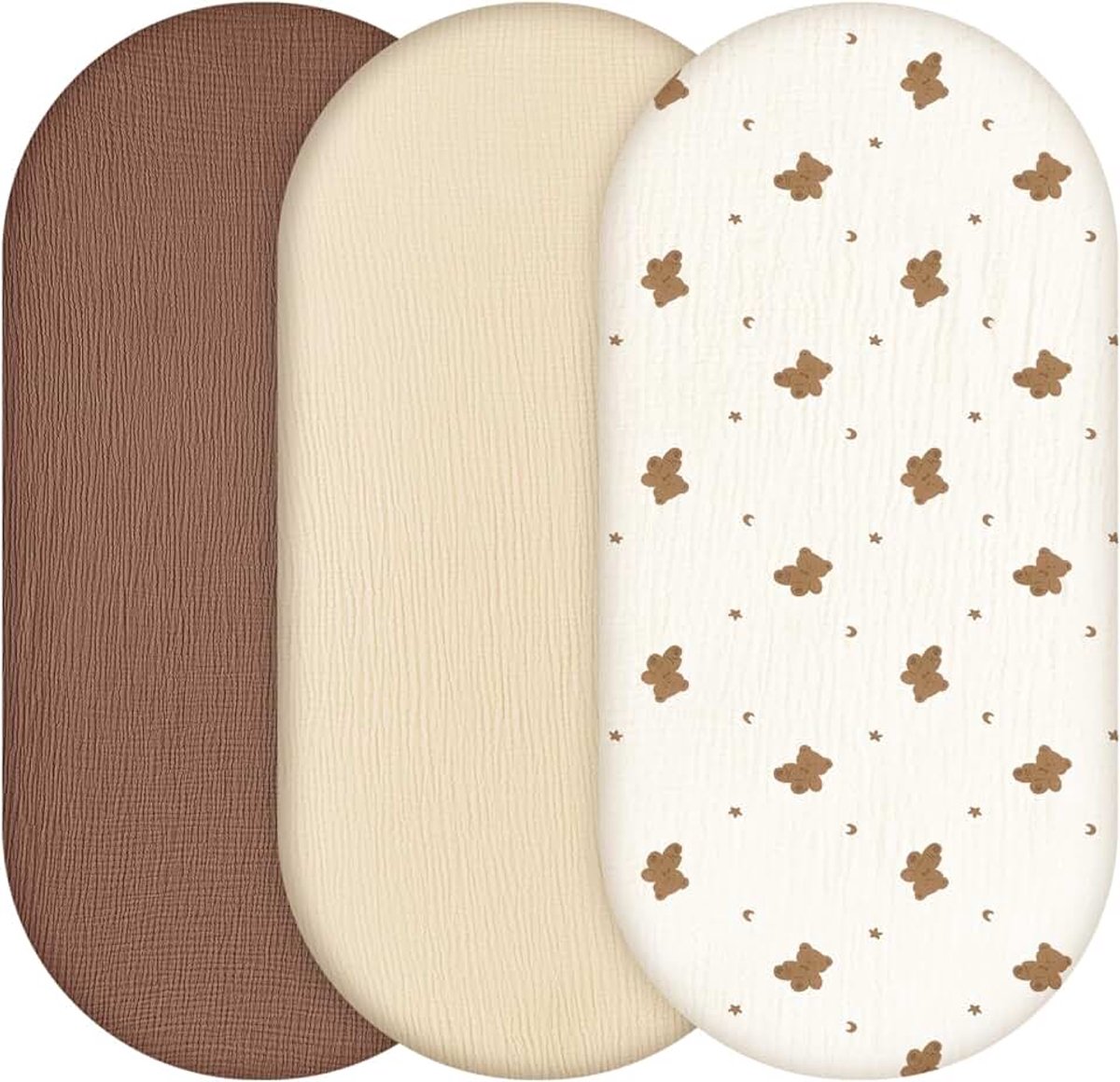 Moses Mand Lakens 81x41cm, 3-pack 100% Muslin Katoenen Lakens voor Wieg, Kinderwagen & Bedje, Zacht & Ademend Beddengoed voor Jongens en Meisjes Bruine Beer