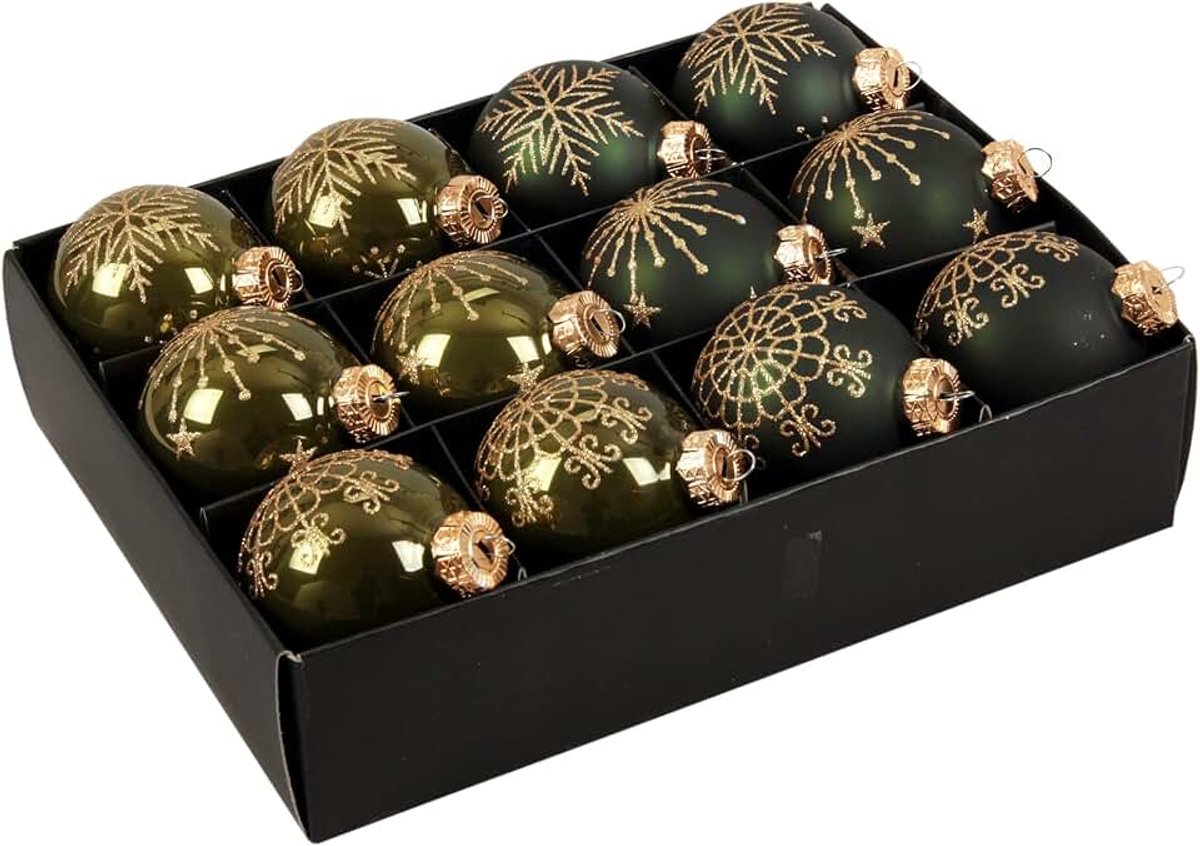 Glazen gedecoreerde kerstballen donkergroen 7,5 cm - Luxe glazen kerstballen - kerstversiering