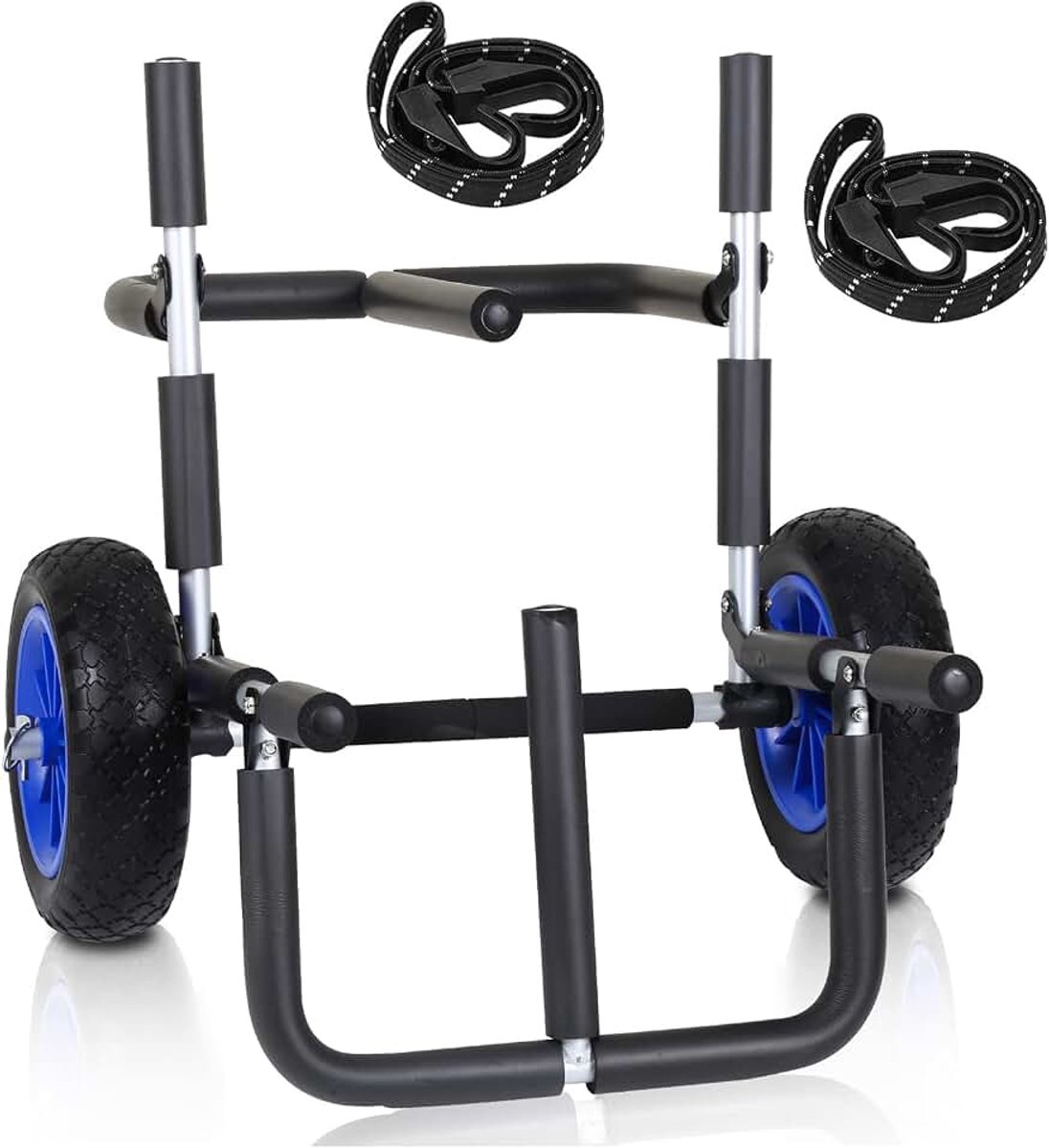 Transportwagen voor SUP-board, stand-up paddleboard, aluminium inklapbaar, transport, kajakwagen, tot 80 kg, bootwagen, SUP trolley, SUP-transport, kajakwagen met 2 riemen, blauw en zwart