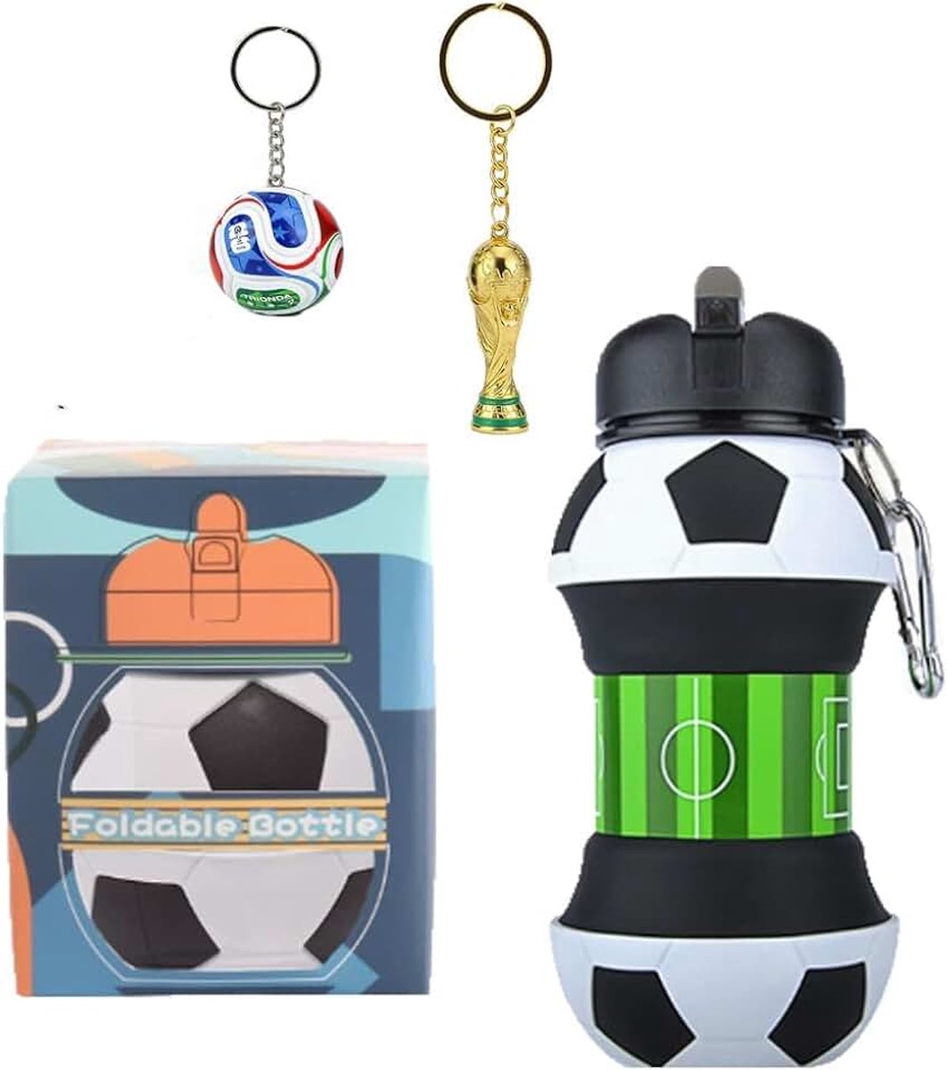 Drinkfles van siliconen, sportdesign, opvouwbaar, lekvrij, met voetbal & trofeevorm sleutelhanger, afsluitbare fles van 550 ml geschikt voor kamperen, reizen, sport