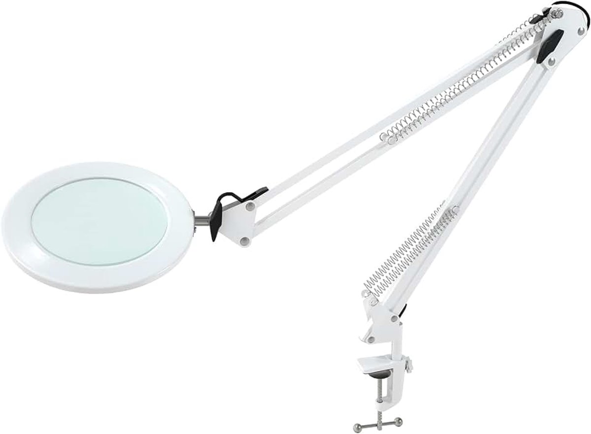 Vergrootglas / 105 mm 5-dioptrie echt glas / 3 kleurmodi / 10-traps dimbaar / 750 LM lampen met 72 LEDs / 90cm werkradius/USB-poort (wit)
