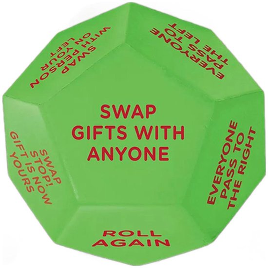 Groene 12-zijdige dobbelsteen met rode tekst 'SWAP GIFTS WITH ANYONE'.