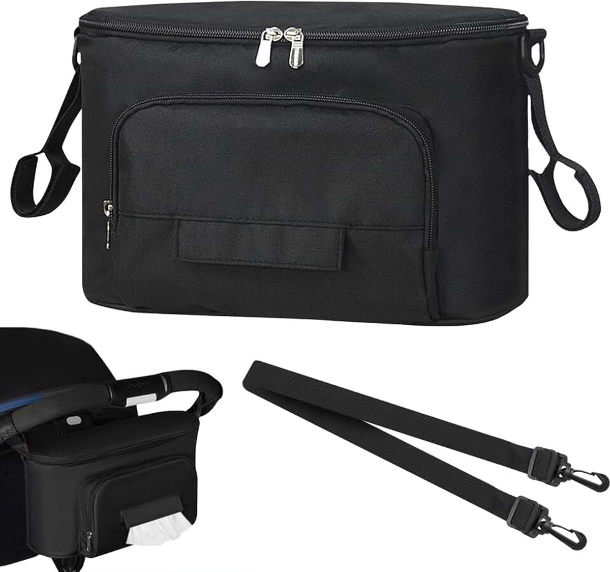 Kinderwagen Organizer Waterdichte in Oxford Stof Organizer voor Kinderwagen Caddy met 2 Geïsoleerde Bekerhouders en Verstelbare Schouderband Ideaal voor Flessen, Luiers en Babyaccessoires (Zwart)