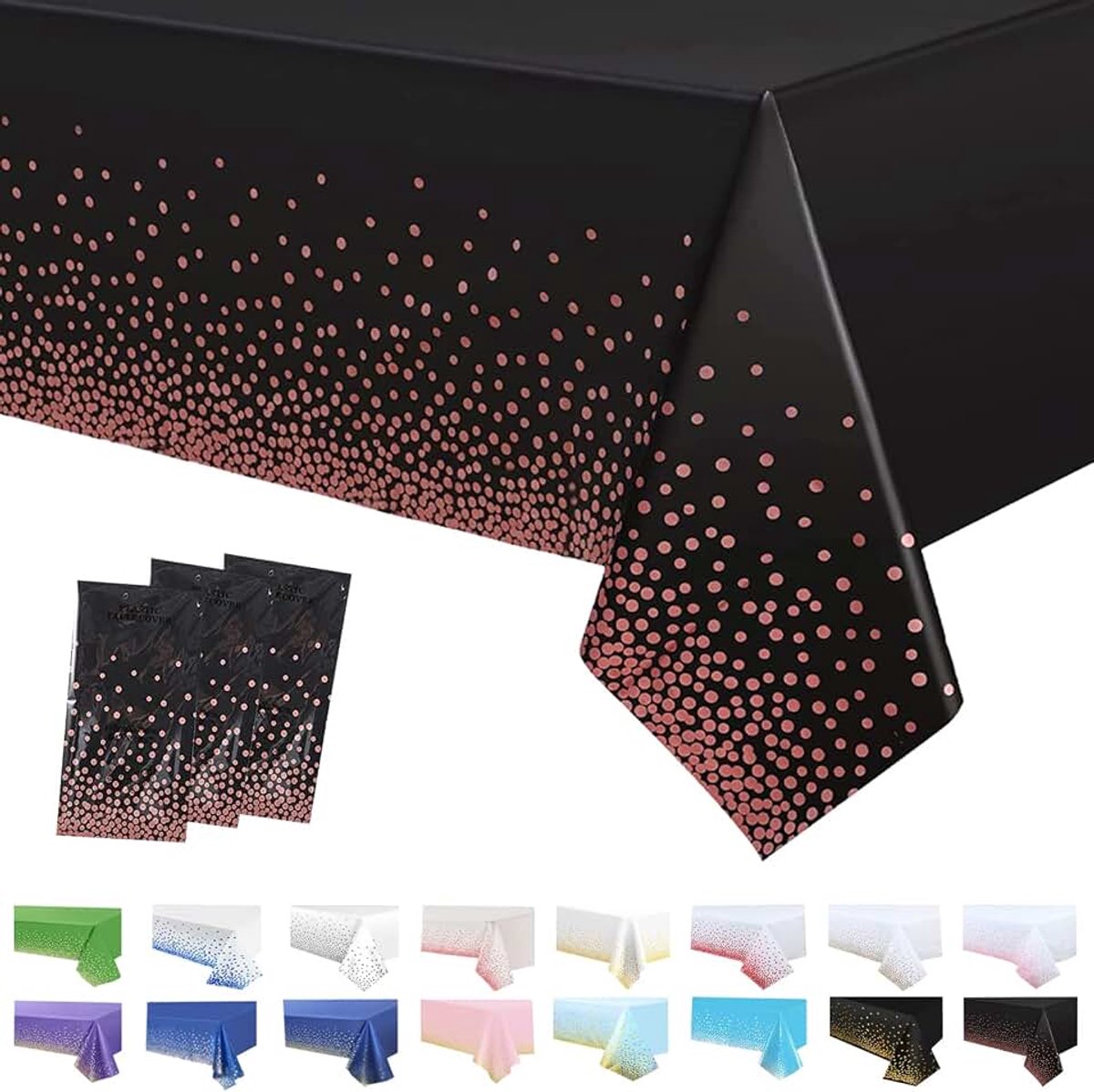 Zwarte tafelkleden voor Halloweenfeest, 3 stuks, met stippen, 137 x 274 cm, papieren rol, wegwerp tafelkleed van kunststof, waterdicht, oliebestendig, tafelkleden voor feest, picknick, ve