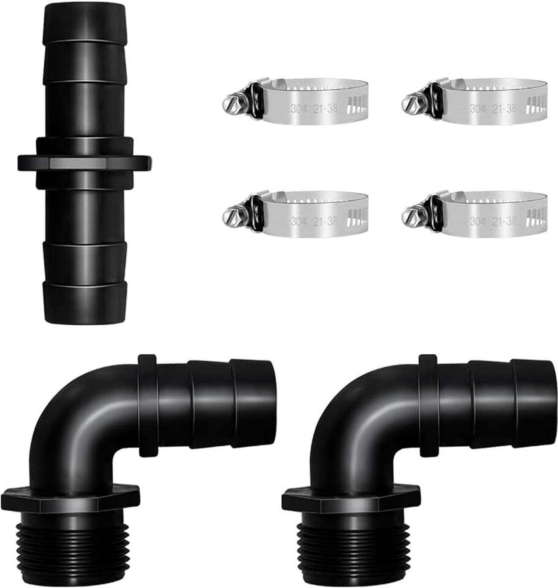 Slangverbindingsstuk kit inbegrepen (1 x slangaansluiting 1 inch, 2 x 90 ° hoek slangtuit buitendraad, 4 x slangklemmen) voor zwembad, fontein en tuin