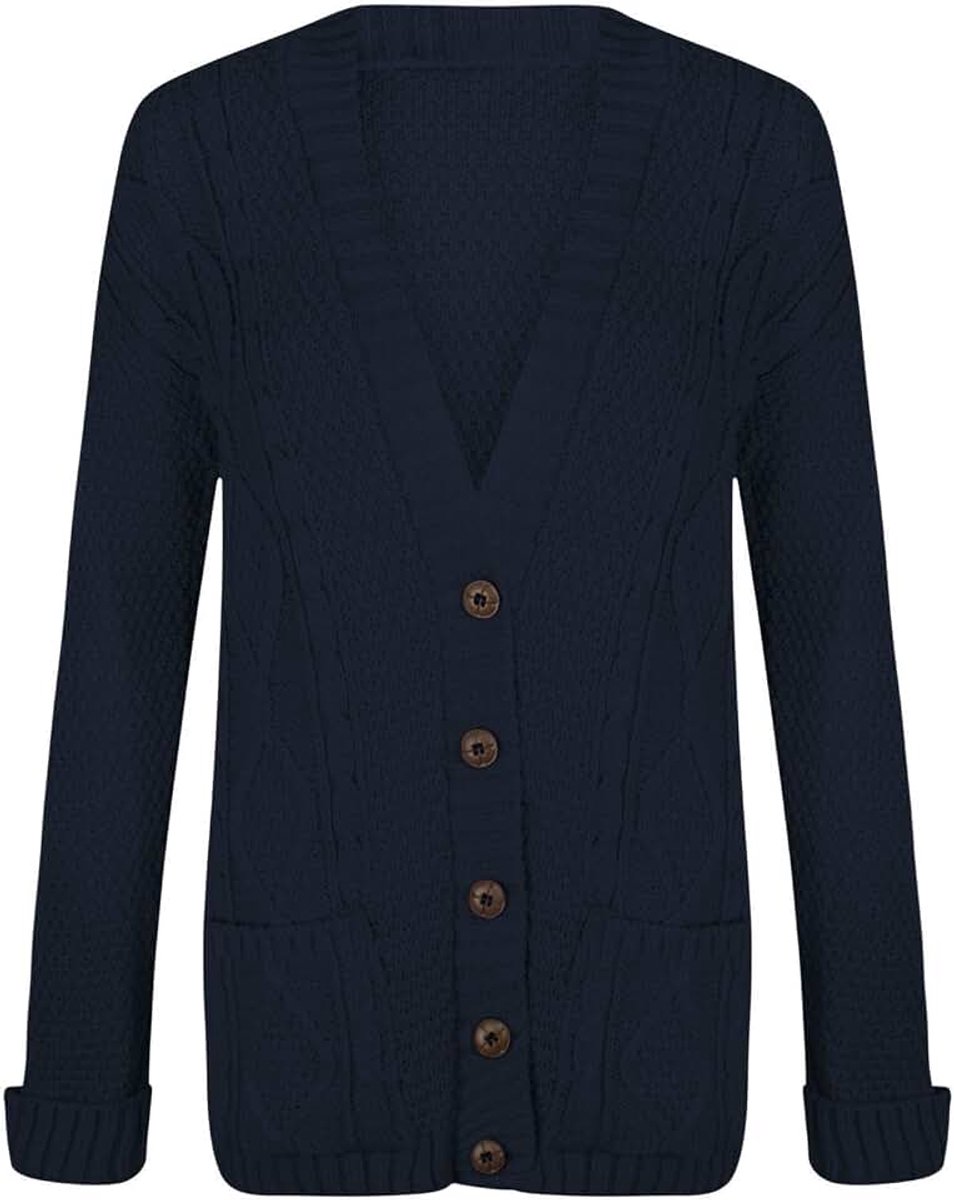 Lange Mouwen Aran Kabel Gebreide Button Up Grandad Cardigan Sweater Top, Marineblauw, 38/40 NL