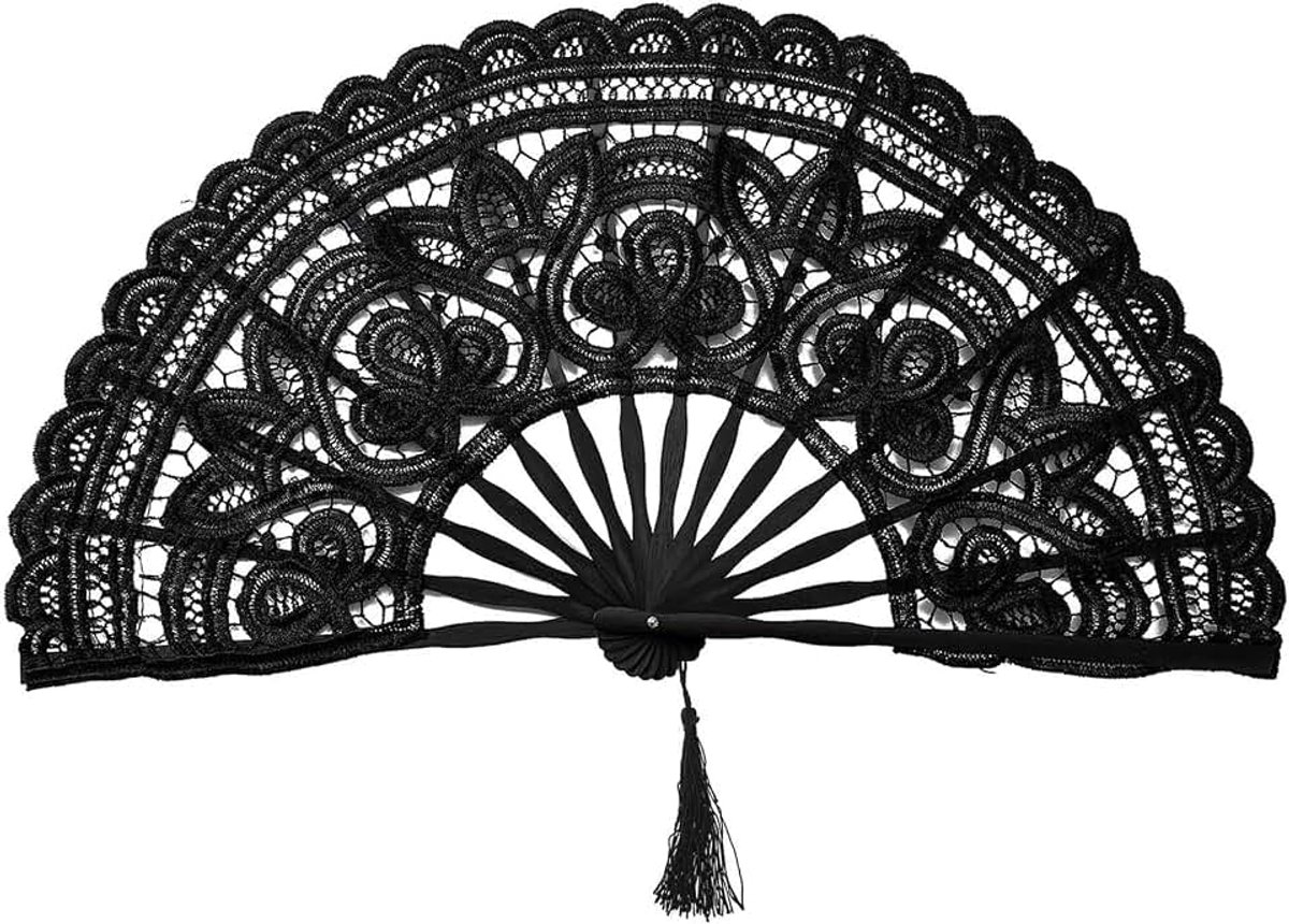 Bruiloftswaaier, kant, waaier met kwastjes, stof, handwaaier, zwart, handwaaier, vouwventilator, waaiers voor heren en dames, dansfeest, bruidsdecoratie, 27 cm