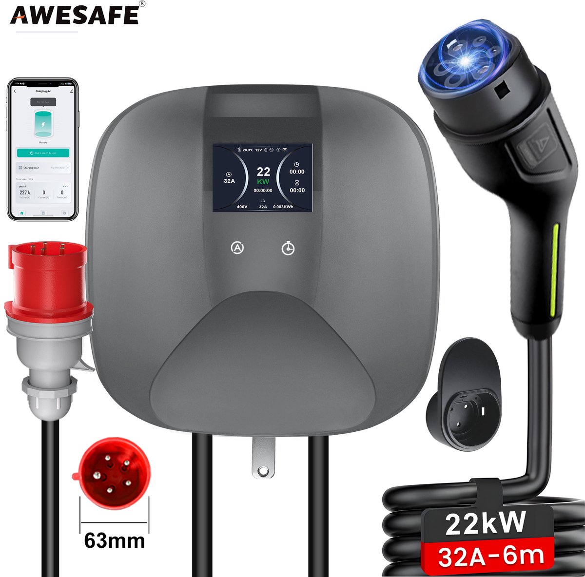 Awesafe 22kw Laadpaal - Wandgemonteerde laadpaal voor thuisgebruik - Type 2 - 3-Fase - Waterdicht - 32A - 6A/8A/10A/13A/16A/20A/24A/32A Schakelbaar - 6M Laadkabel - Met App/WiFi Bediening
