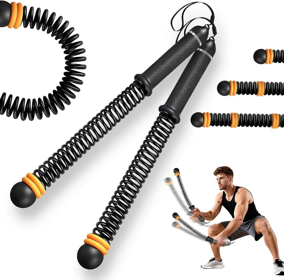 Verzwaarde gevechtstouw, draagbare armtrainer voor huishouden, hoge kracht, touw voor HIIT- en aerobic-training, antislip handgreep, compact design (zwart oranje)