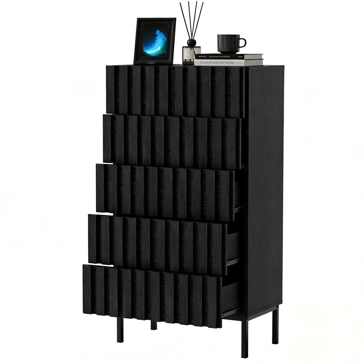 UEV Commode met 5 lades, 60x34x110cm, Opbergkast, Moderne kast, Dressoir, Dressoir met lades, Smalle commode, Kast voor woonkamer, slaapkamer, hal (Zwart)