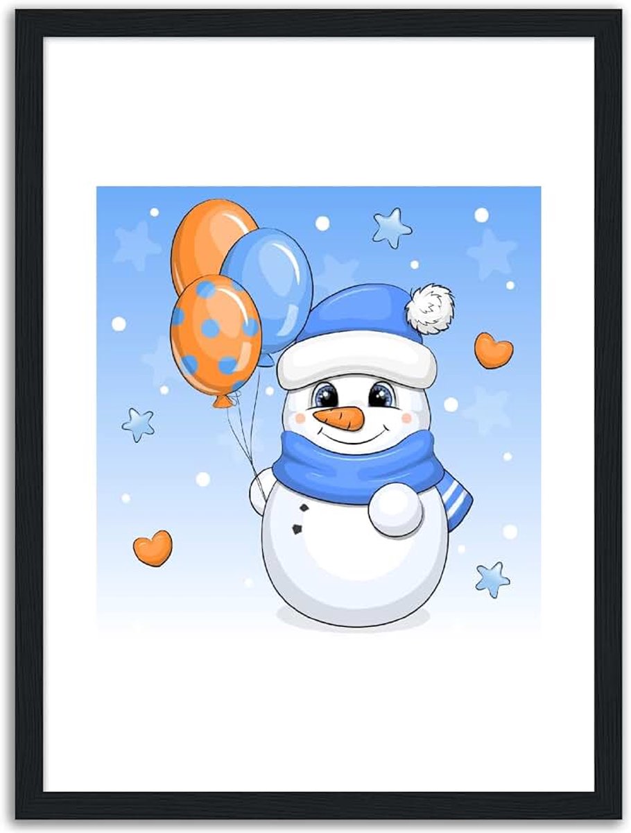 Kinderkunst - Sneeuwpop - Ingelijste kunstdruk Kant-en-klaar zwart 30x40 cm/12x16″